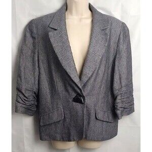 Coldwater Creek Blazer Women Size 16 Gray Linen Blend Ruched 3/4 Sleeve Jacket